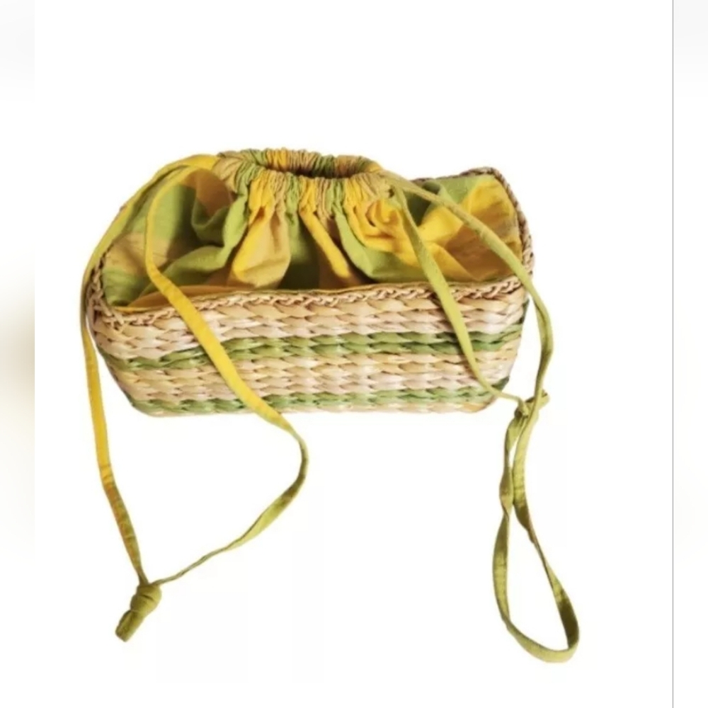 Sun 'N' Sand Bag Woven Rattan Straw & Fabric Beach Drawstring Colorful Purse - Picture 4 of 15